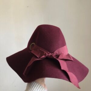 Jessica Simpson Wool Burgundy Floppy Wide Brim Hat with Bow OSFM